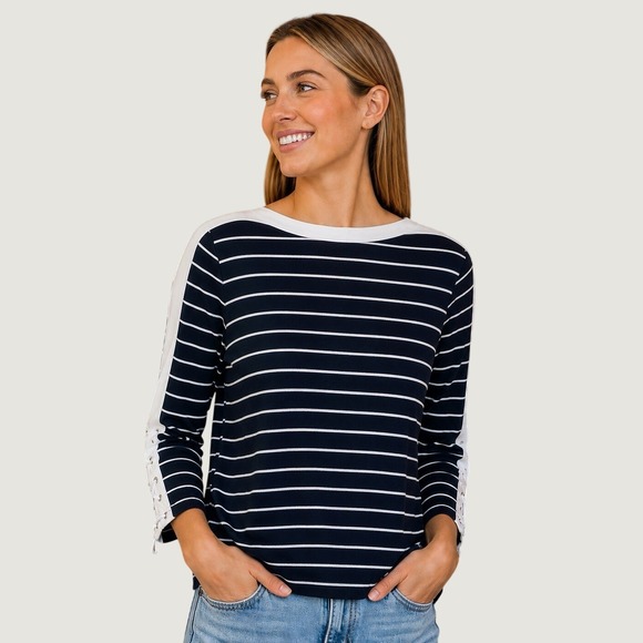 Chaps Tops - Chaps Boat Neck M Black White Stripe Lace Up 3/4 Sleeve Nautical Coastal Preppy